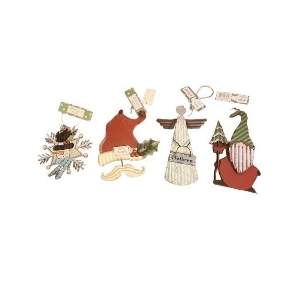 Christmas Ornaments: Santa Snowman Angel‎ & Gnome Set Of 4 Holiday Bliss Metal